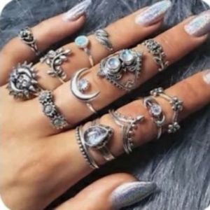 Cute Boho Moon & Star Midi Finger 14pc Set Rings